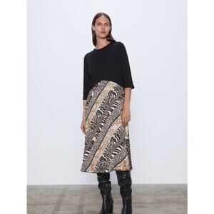 Zara Black Multicolor Animal Print Long Sleeve Leopard Zebra Midi Dress Size L